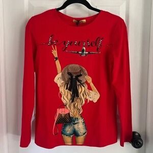 Red Vinizbena Long Sleeve Graphic Tee Shirt